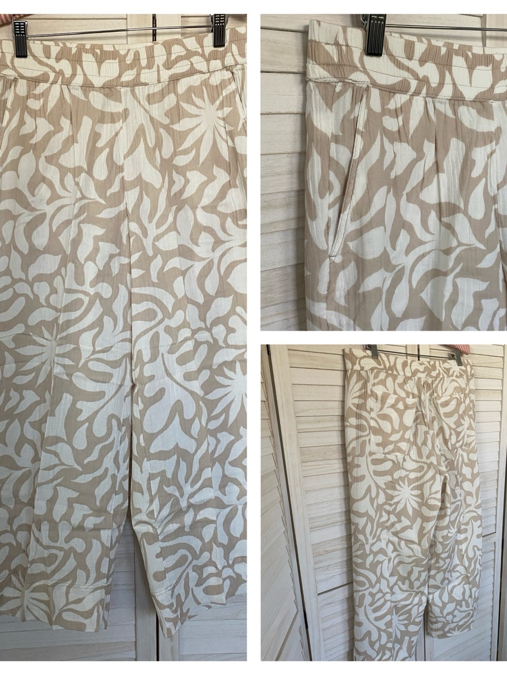 Lou & Grey Beige and White Wide-Leg Floral Cropped Pants SZL Beach Vacation Vibe